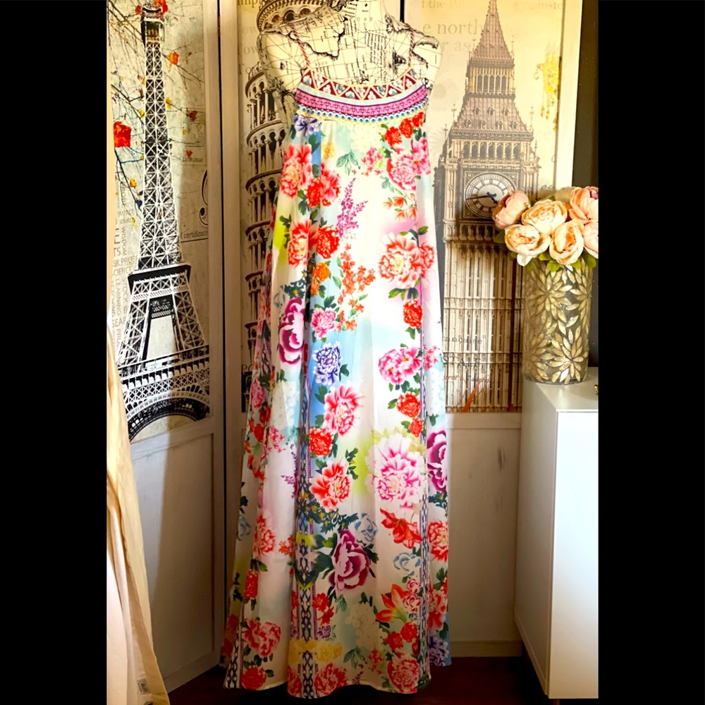 Island Of Peonies Luxury Maxi Sheath A Line Maxi Dress, Chiffon Floral Dress - Picture 13 of 15